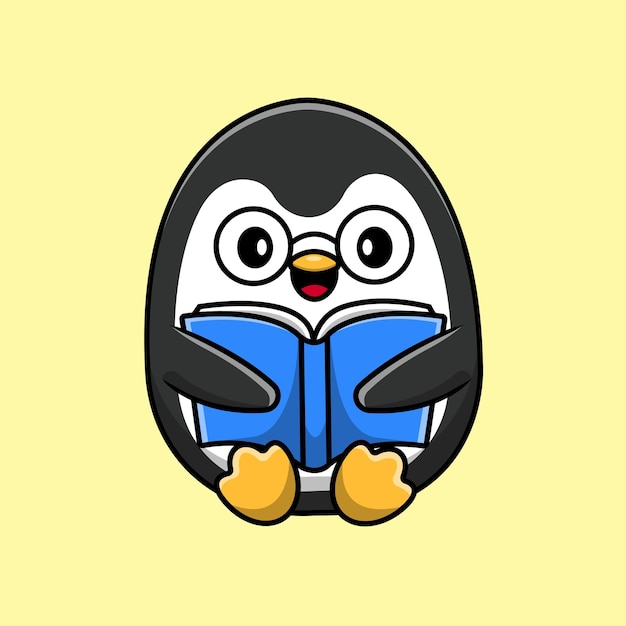 Cute Penguin Reading Book Cartoon Vector Icon Illustration