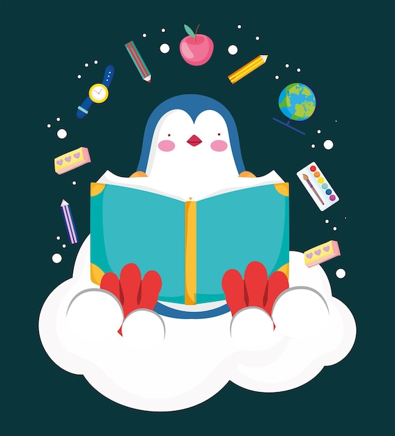 Cute penguin reading book