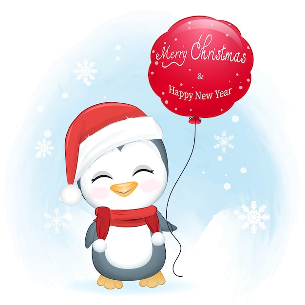 Cute penguin and red balloon in winter Christmas illustration