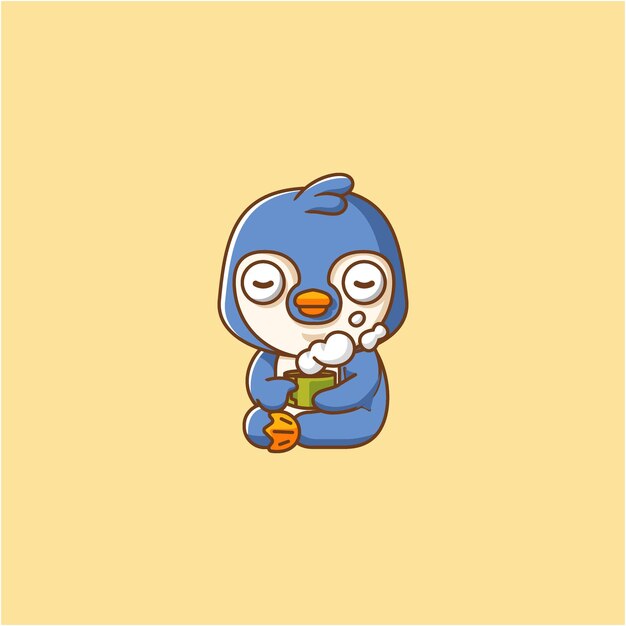 Vector cute penguin relax with a cup of coffee animal character mascot flat style illustration concept