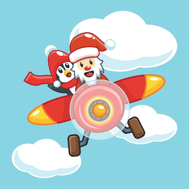 cute penguin and santa claus flying with plane