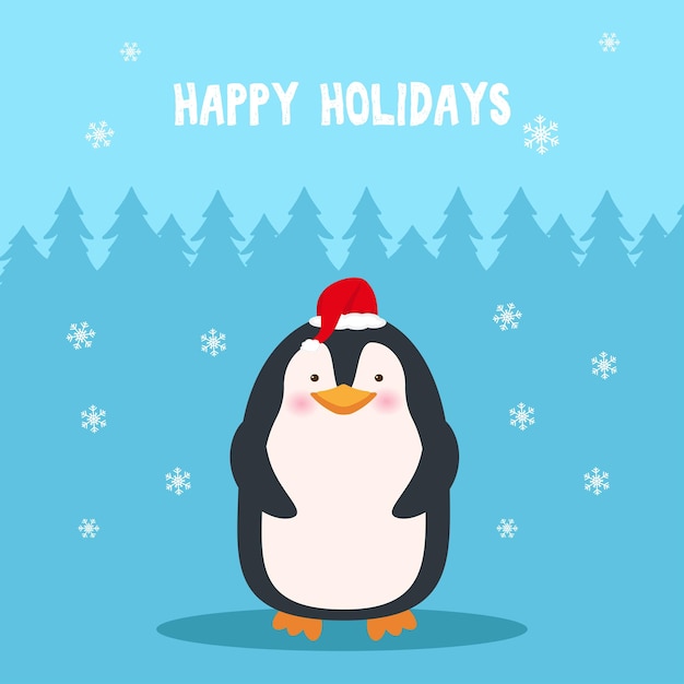 Cute penguin in Santa hat and scarf. Christmas cartoon character.New year holiday card