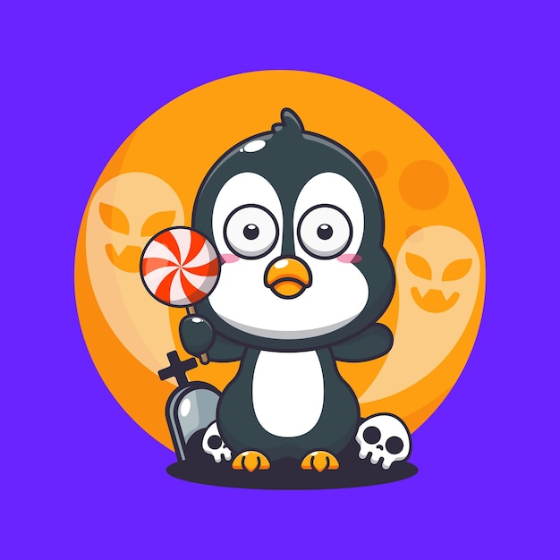 cute penguin scared by ghost in halloween day