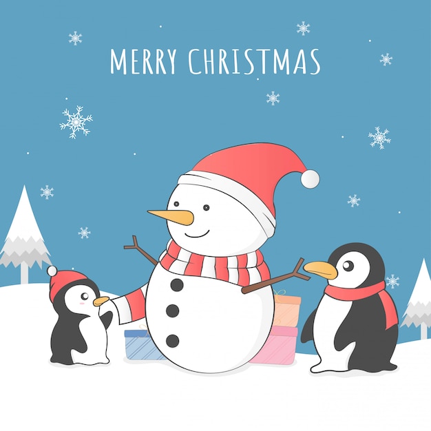 Cute penguin and snowman merry christmas