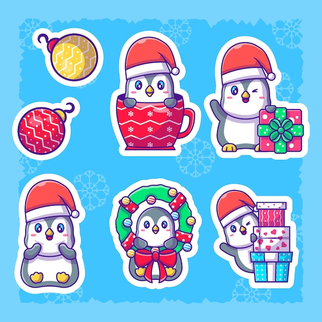 Cute penguin stickers set. collection of flat illustrations christmas