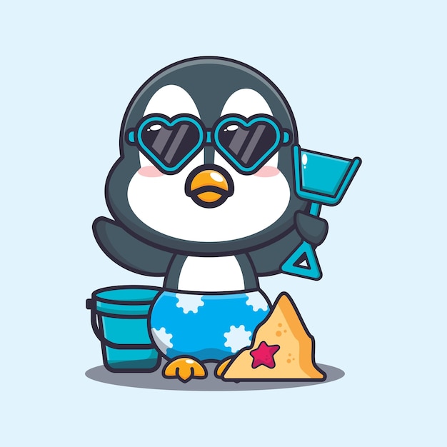 Cute penguin in sunglasses play sand beach cartoon illustration.