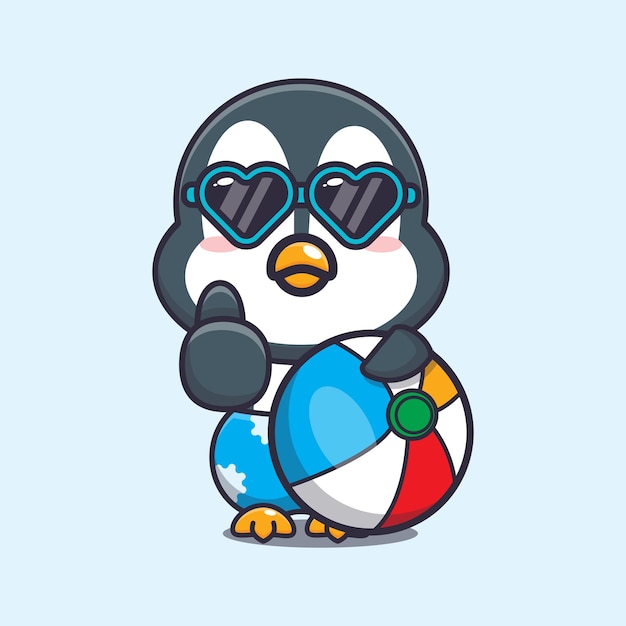 Cute penguin in sunglasses with beach ball cartoon illustration.