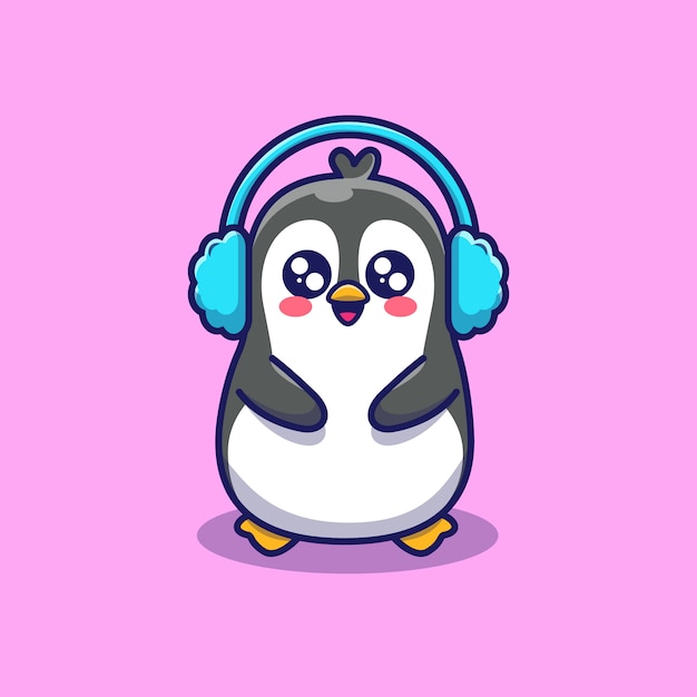 Cute Penguin Wear Earmuff Illustration. Animal Winter    . Flat Cartoon Style