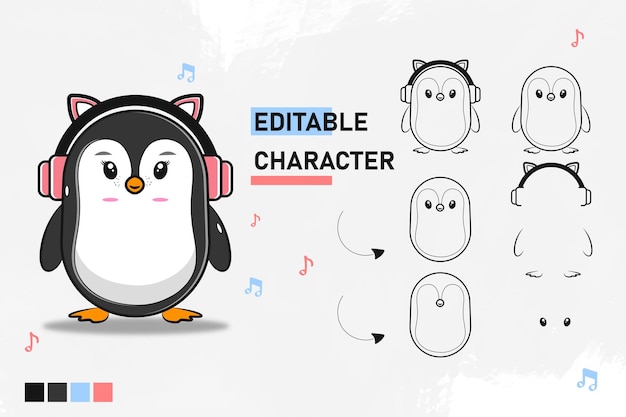 cute penguin wearing pink headset with line art element re-editable vector eps 10