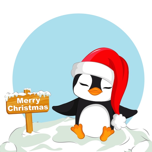 A cute penguin wearing a santa hat. Winter cartoon penguins isolated on white