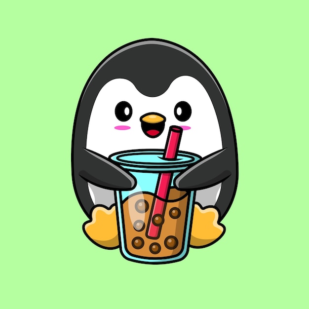 Cute Penguin With Boba Milk Tea Cartoon Vector Icon Illustration