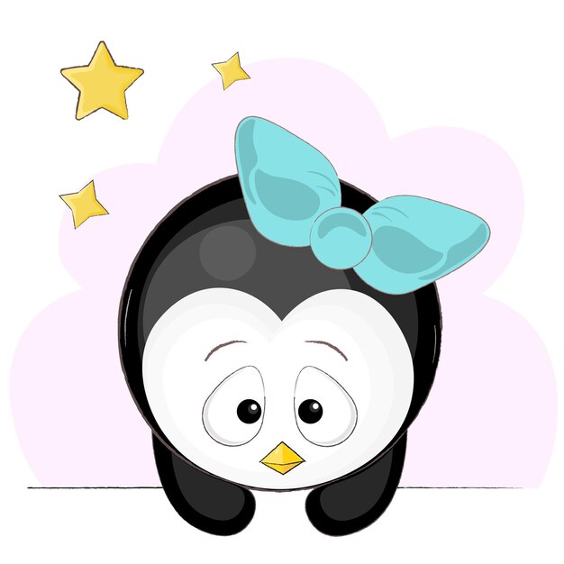 Vector cute penguin with bow and stars