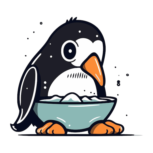 Cute penguin with a bowl of food Vector illustration