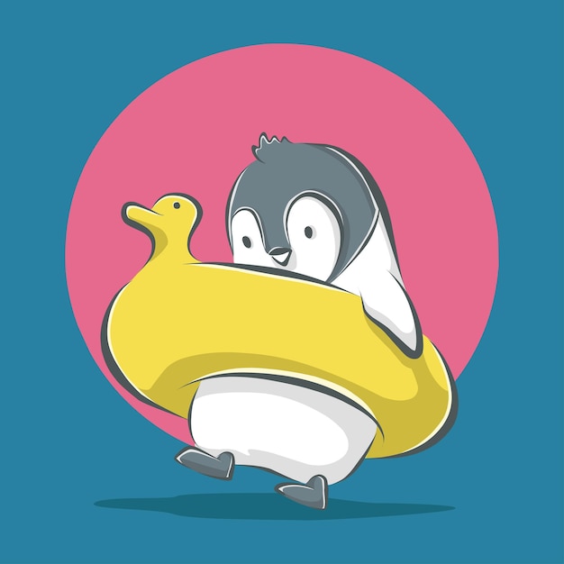 Cute penguin with buoy cartoon icon illustration