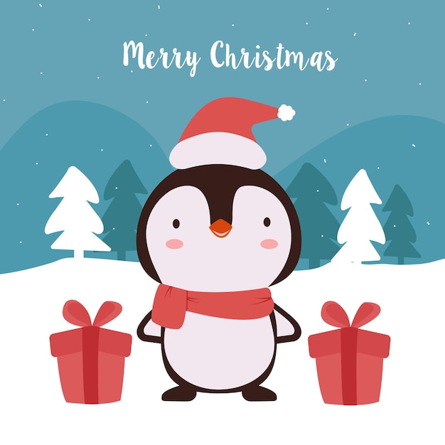 Cute penguin with an illustration of gifts and New Year greetings Christmas greeting card