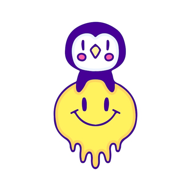 Cute penguin with melted emoji face doodle art, illustration for t-shirt, sticker.