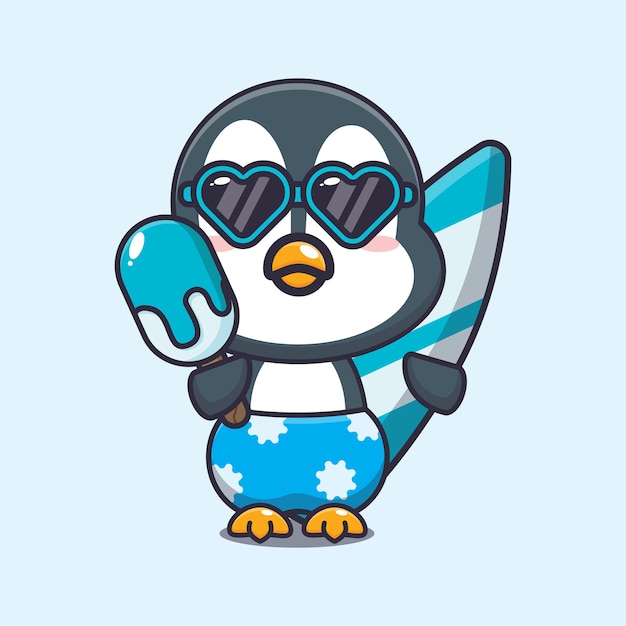 Cute penguin with surfboard holding ice cartoon illustration.