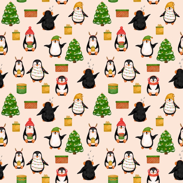 Cute Penguins Christmas holidays seamless pattern