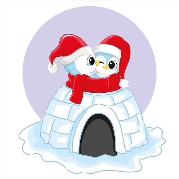 Cute penguins couple illustrated in igloo