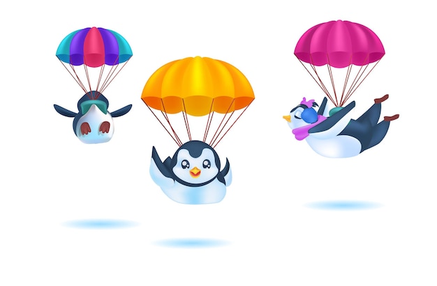 Cute penguins flying on parachutes antarctic birds having fun full length horizontal