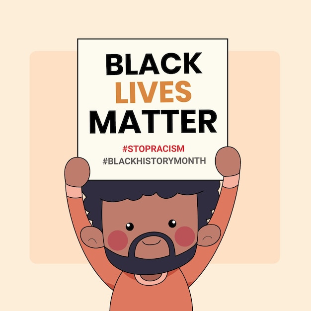 Cute  People holding protest banner with the words Black lives Matter written on it. Black History Month Illustration  