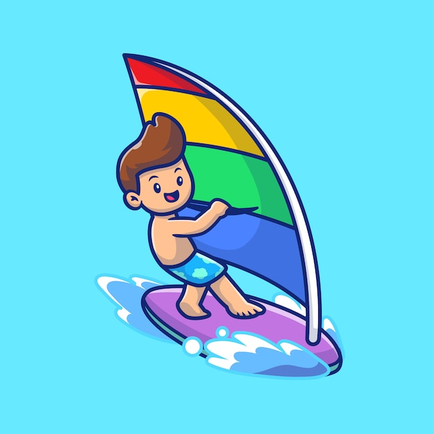 Cute People Playing Windsurfing Cartoon Icon Illustration. People Sport Icon Concept Isolated Premium . Flat Cartoon Style