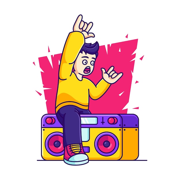 cute people shouting happily while listening to music cartoon icon illustration