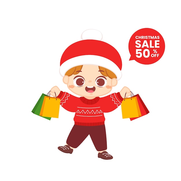 Cute People wear santa costume carry many shopping bags on christmas sale