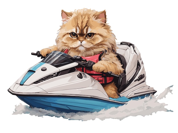 a cute Persian cat wearing a wetsuit driving a jet ski