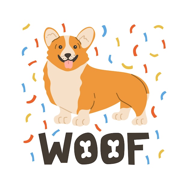 Cute pet corgi dog with serpentine and woof text.