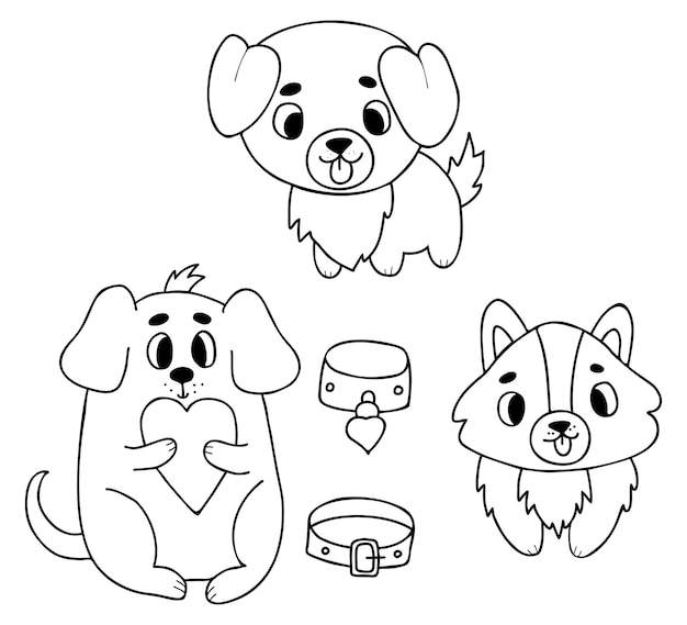 Cute pets Dog with heart funny puppies and collars  Outline drawings