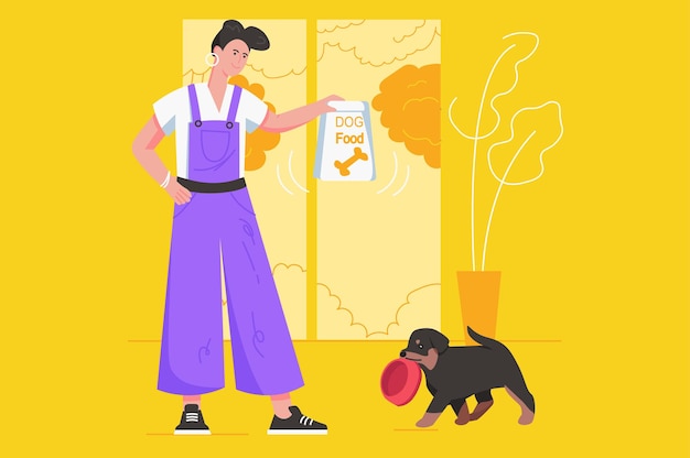 Vector cute pets and their owners together modern flat concept. happy woman holding bag of food and going to feed dog, puppy carries his bowl. vector illustration with people scene for web banner design