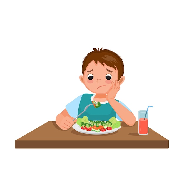 Vector cute picky eater little boy frustrating looking at broccoli and refusing to eat vegetables