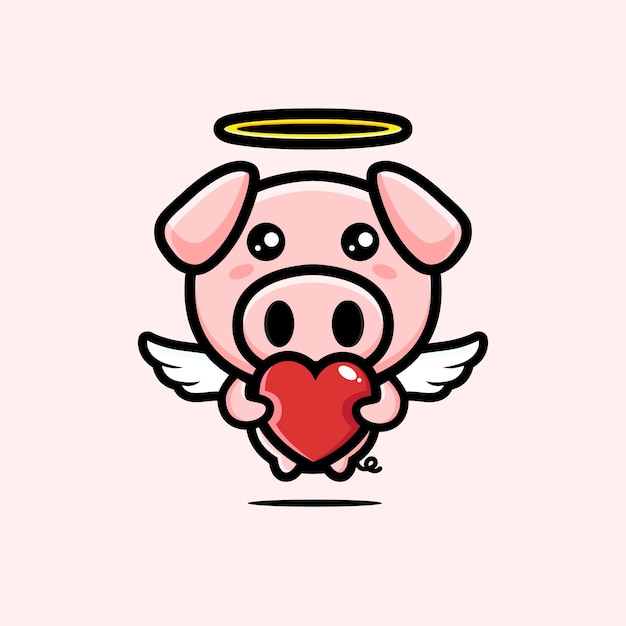 cute pig angel hugging a love heart