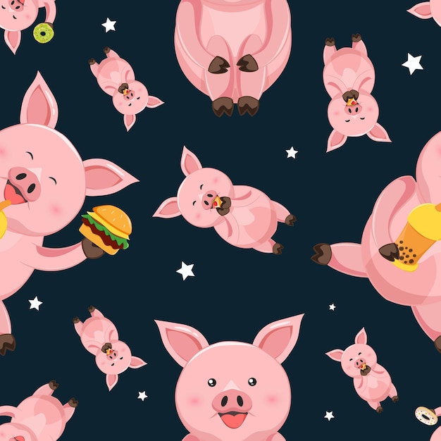 Vector cute pig animal cartoon seamless pattern