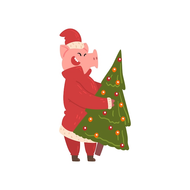 Cute pig carrying christmas tree funny piggy character dressed in santa costume chinese symbol of