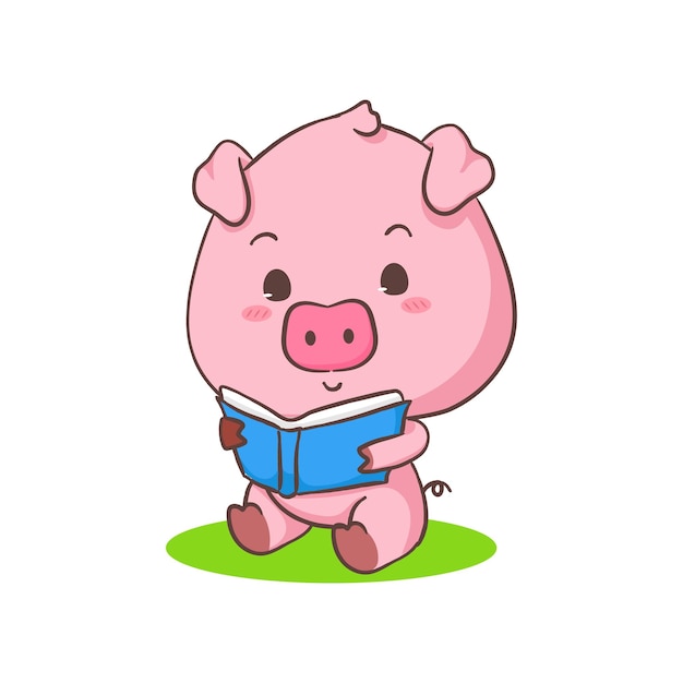 Cute pig cartoon character reading a book Adorable animal concept design