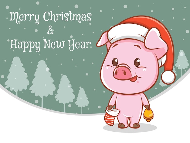 Cute pig cartoon character with merry Christmas and happy new year greeting banner