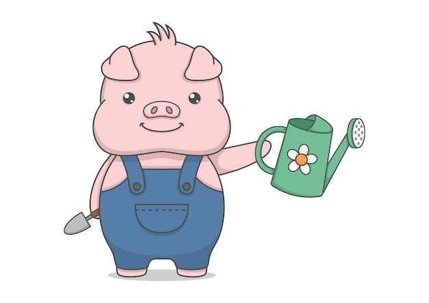 cute pig character holding gardening tools