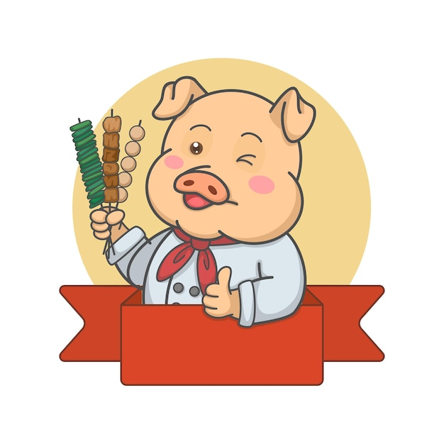 Vector cute pig chef holding skewers