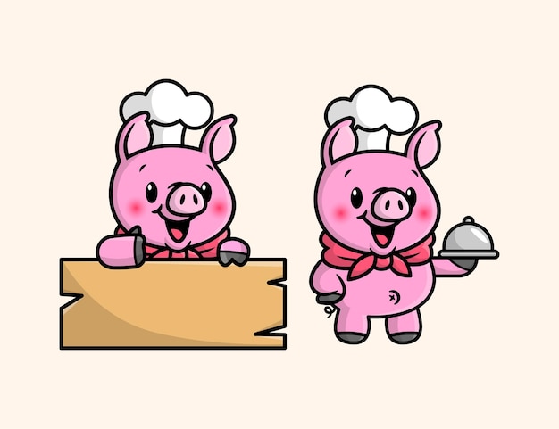 CUTE PIG CHEF IS SERVING FOOD AND BRING WOOD BOARD CARTOON MASCOT DESIGN