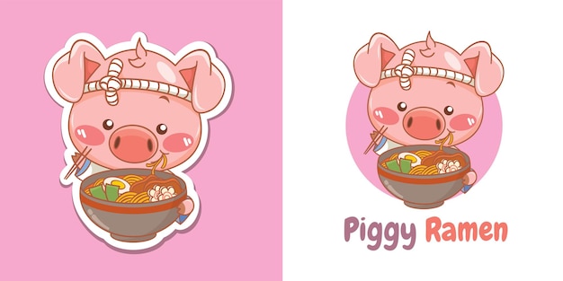 Cute pig chef mascot logo eating a ramen Japanese food