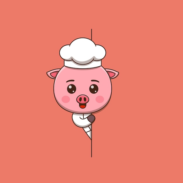 Cute pig chef peeking out behind blank sign