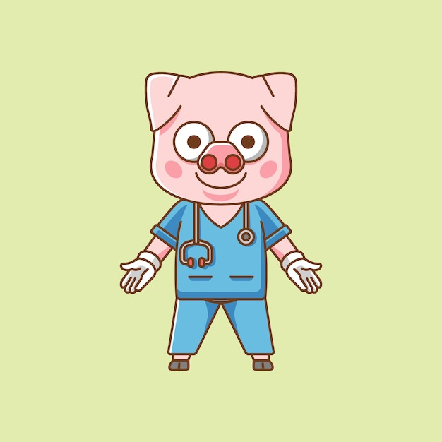 Cute pig doctor medical personnel chibi character mascot icon flat line art style illustration