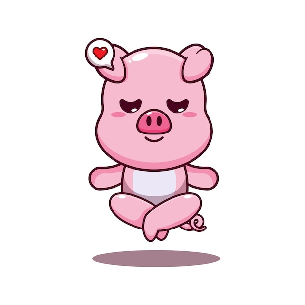 cute pig doing meditation yoga cartoon vector illustration