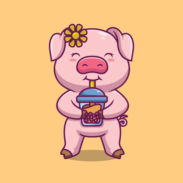 Vector cute pig dringking bubble tea cartoon illustration