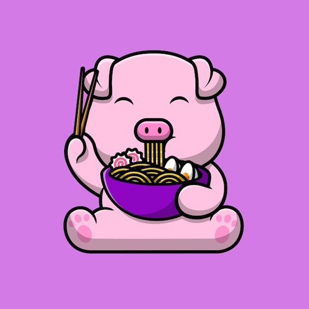 Cute Pig Eating Ramen Noodle Cartoon Vector Icon Illustration