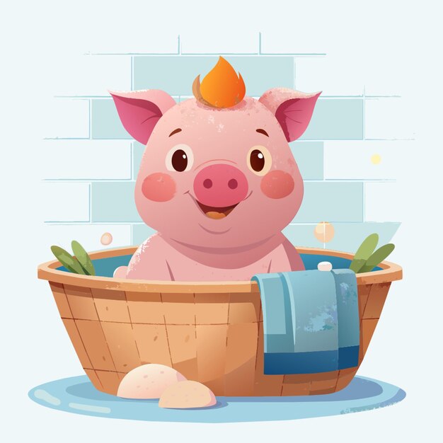 Vector a cute pig enjoying a bath full body image white background sticker vector illustration flat 2