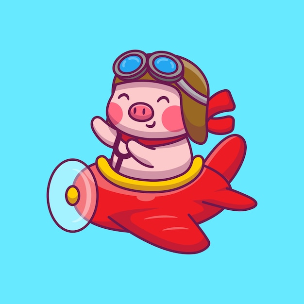 Cute Pig Flying With Plane Cartoon Illustration. Animal And Transportation Icon Concept