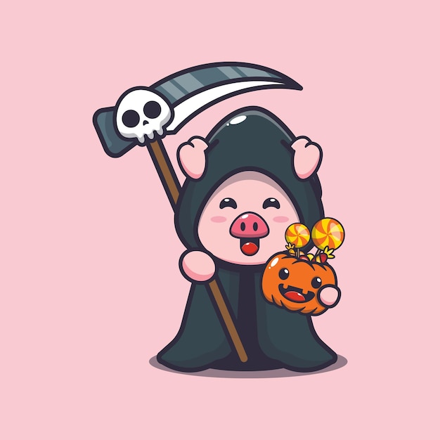 cute pig grim reaper holding halloween pumpkin cute halloween cartoon illustration